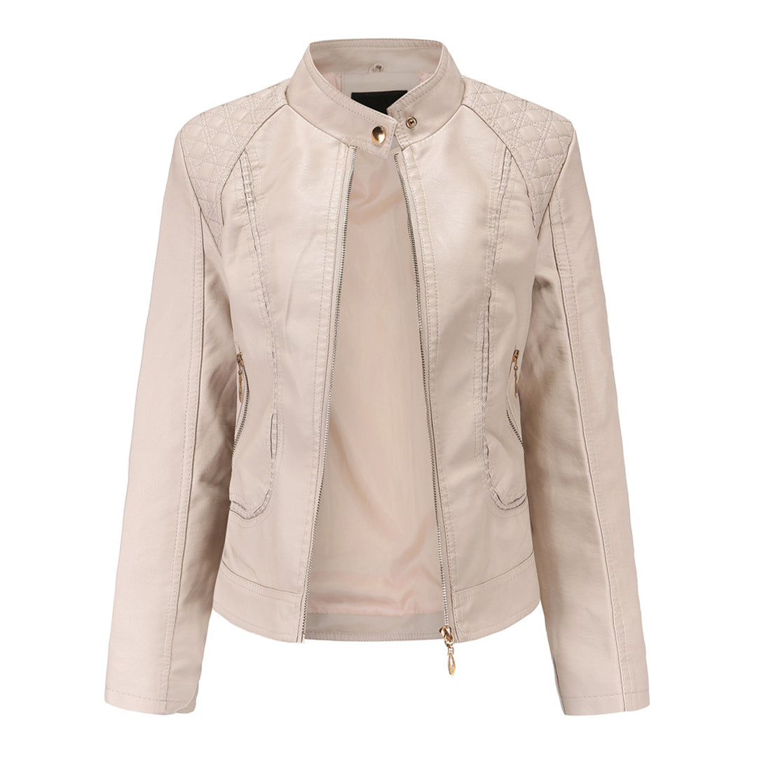 Valerie Women's Leather Jacket – Genuine Leather Zip Up Stand Collar Biker Jacket
