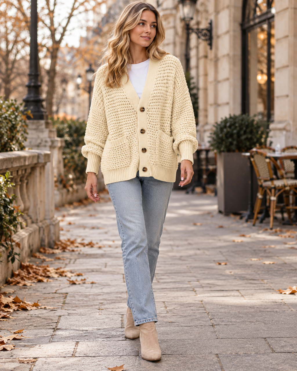 Queenie Women's Chunky Cable Knit V-Neck Button-Front Cardigan Sweater with Pockets