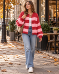 Vienna Women's Oversized Striped Chunky Knit Cardigan with Gold Buttons and Long Sleeves