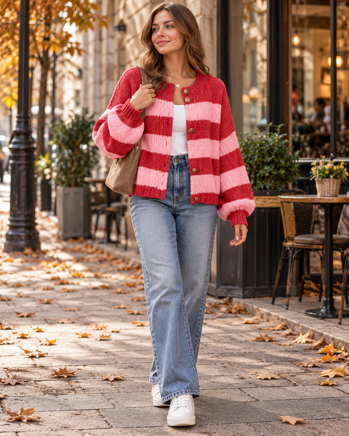 Vienna Women's Oversized Striped Chunky Knit Cardigan with Gold Buttons and Long Sleeves