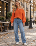 Xandra Women's Off Shoulder Textured Knit Sweater with Long Sleeves and Relaxed Fit