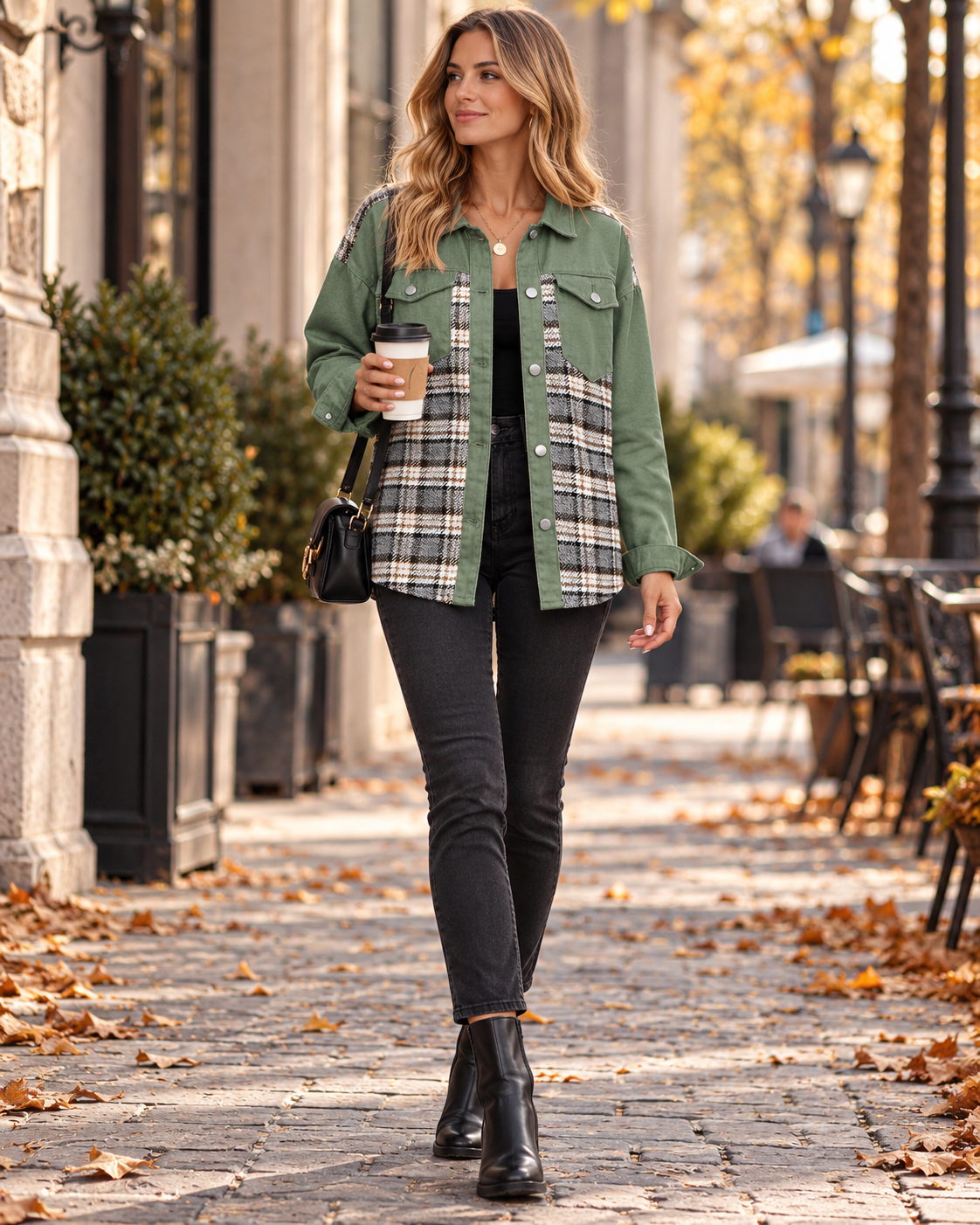 Patricia Women's Oversized Denim Plaid Shirt Jacket with Button Front and Pockets