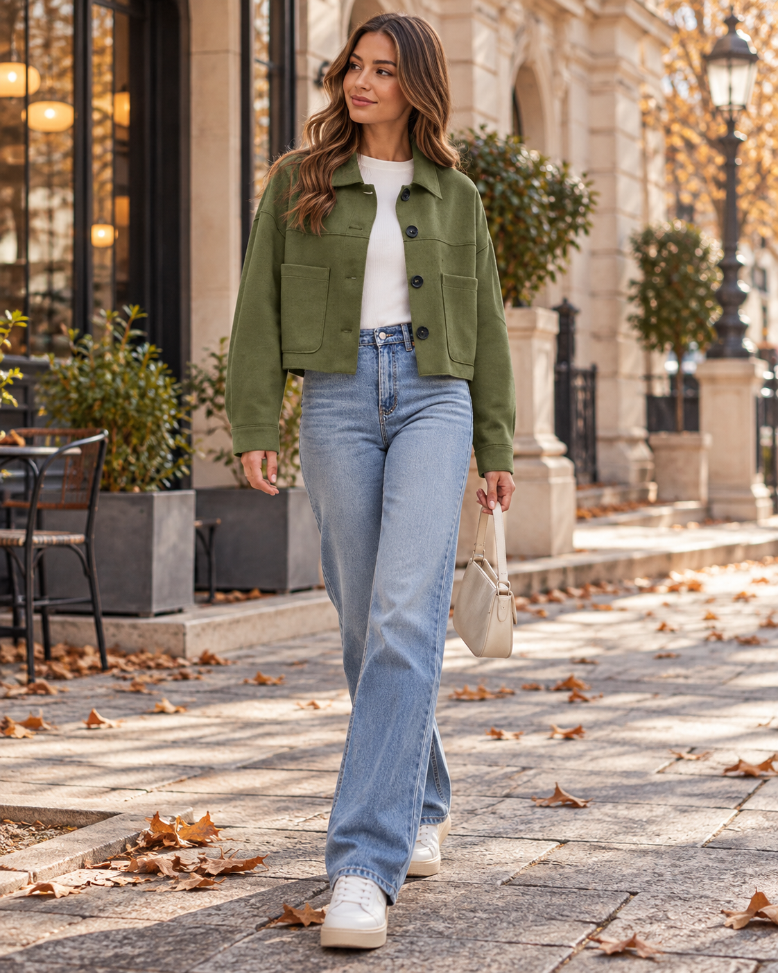 Valeria Women's Faux Suede Cropped Jacket – Button Front Long Sleeve Coat with Pockets