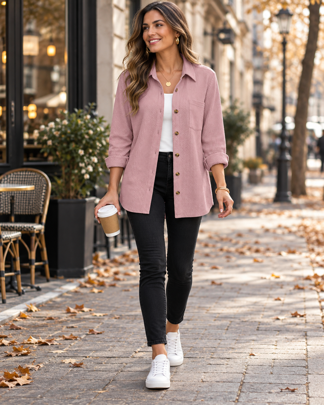 Danica Women's Waffle Knit Button Down Long Sleeve Relaxed Shirt with Chest Pocket
