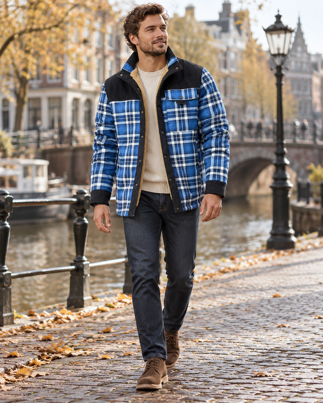 Patricio Men's Plaid Flannel Shacket with Corduroy Panels and Warm Sherpa Lining