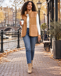 Xandra Women's Sherpa Fleece Vest with Snap Buttons, Stand Collar and Zipper Pockets