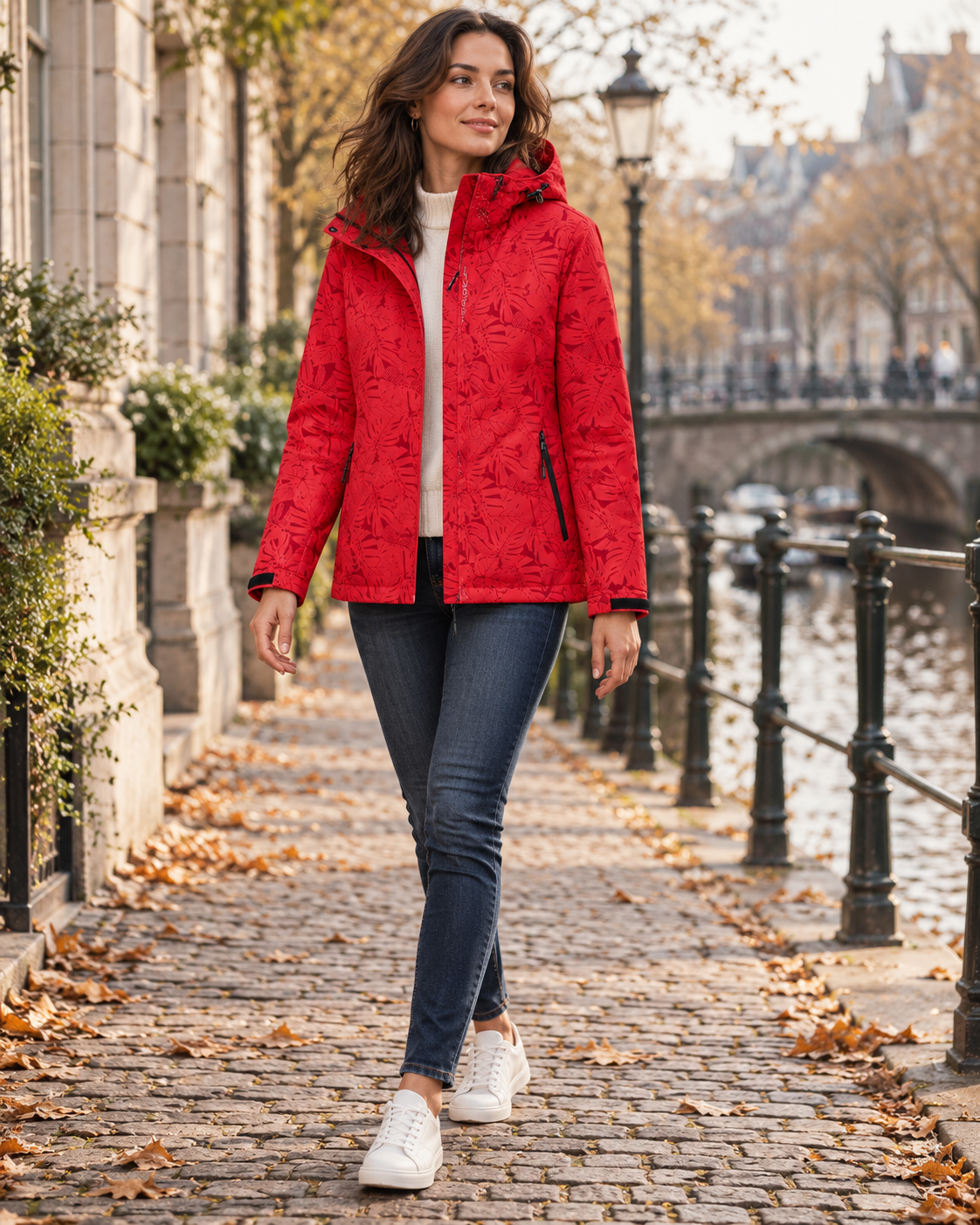 Carmina Women's Waterproof Leaf Print Hooded Lightweight Jacket with Zipper Pockets