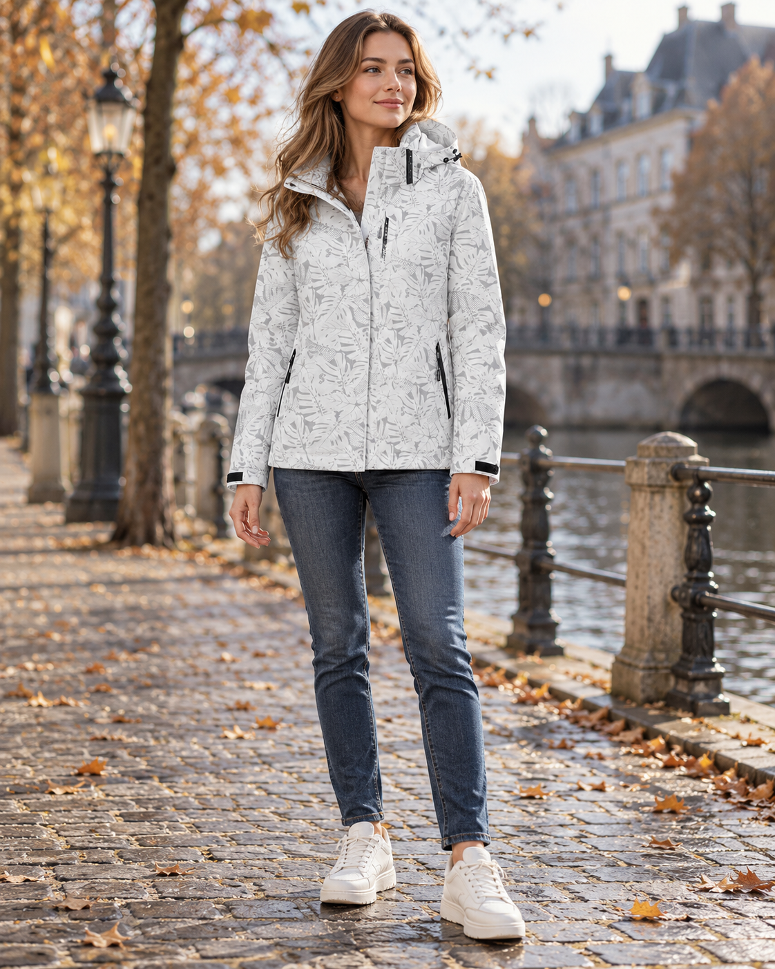 Carmina Women's Waterproof Leaf Print Hooded Lightweight Jacket with Zipper Pockets