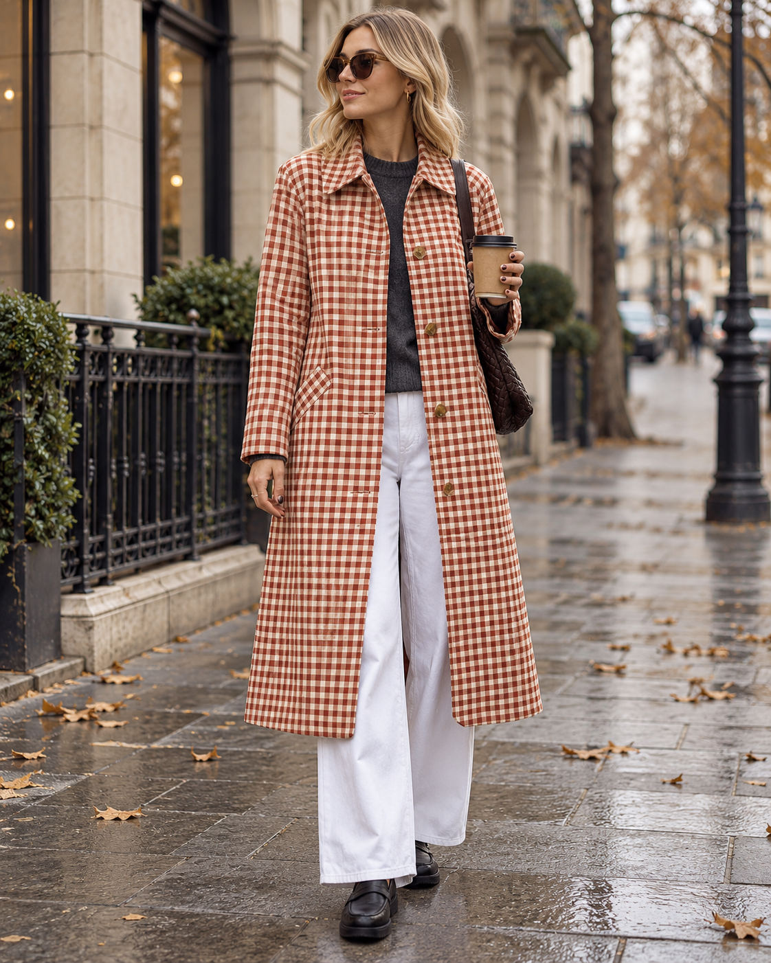 Zaria Women's Long Plaid Trench Coat with Lapel Collar and Single Breasted Buttons