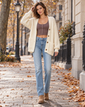 Queenie Women's Chunky Cable Knit V-Neck Button-Front Cardigan Sweater with Pockets