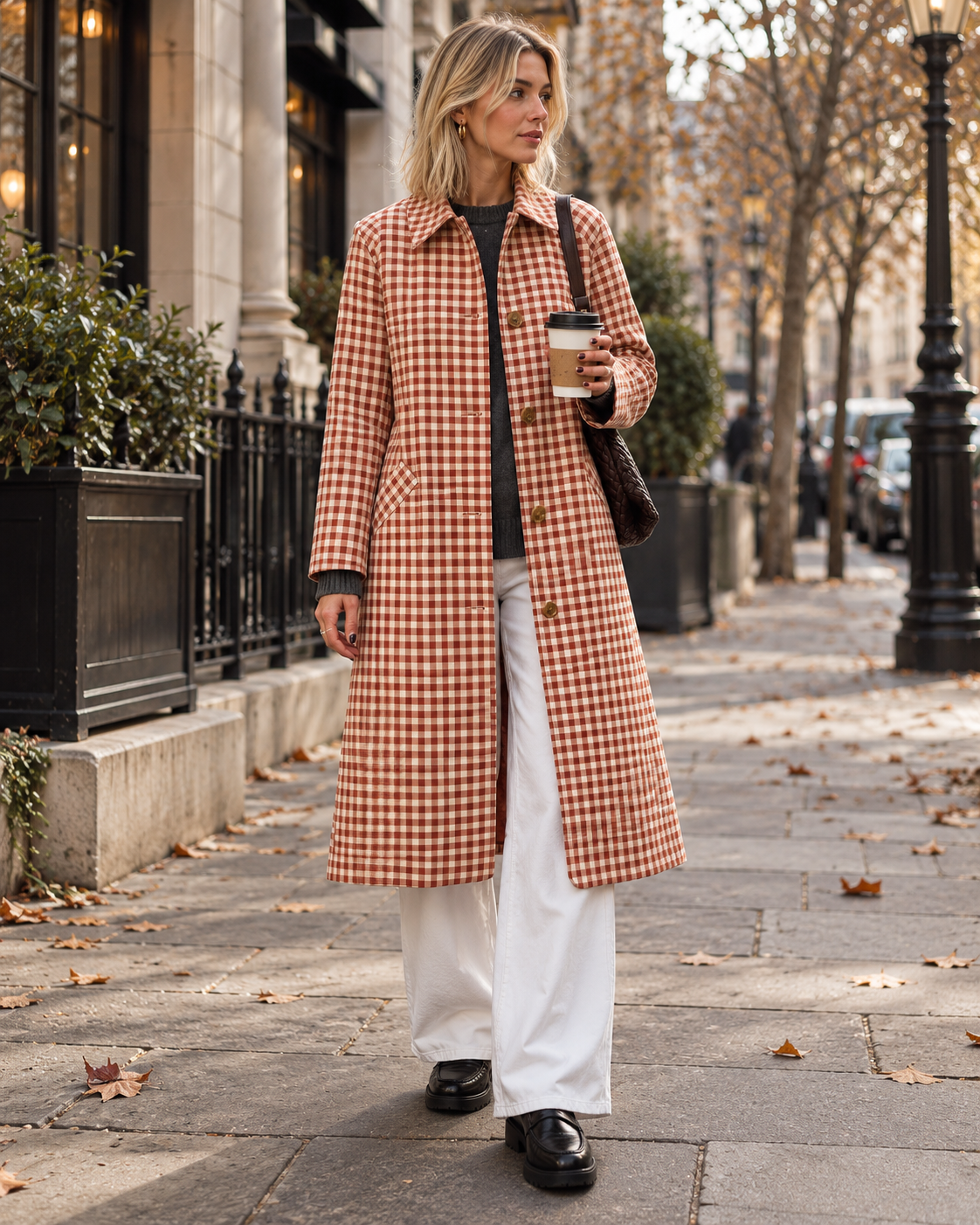 Zaria Women's Long Plaid Trench Coat with Lapel Collar and Single Breasted Buttons