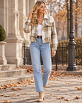 Hannah Women's Cropped Plaid Shacket Jacket with Button Front and Chest Flap Pockets