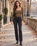 Bianca Women's Leopard Print Square Neck Long Sleeve Slim Fit Casual Stretch Top