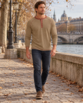 Denzel Men's Long Sleeve Henley T-Shirt with Four-Button Placket and Raglan Sleeves