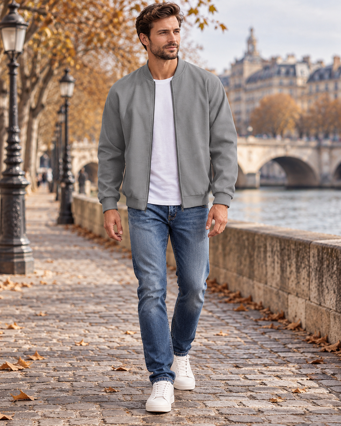 Bryan Men's Lightweight Bomber Jacket with Ribbed Collar and Full Zip Front Closure