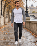 Kian Men's Long Sleeve Ribbed Muscle Fit V-Neck T-Shirt with Contrast Raglan Sleeves