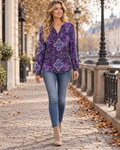 Uma Women's Boho Floral Paisley Print Long Sleeve V-Neck Casual Blouse for Everyday Wear