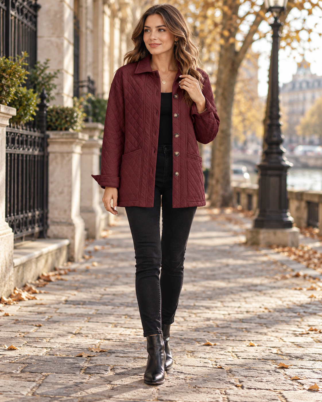 Rhianna Women's Lightweight Diamond Quilted Jacket with Button Front and Patch Pockets