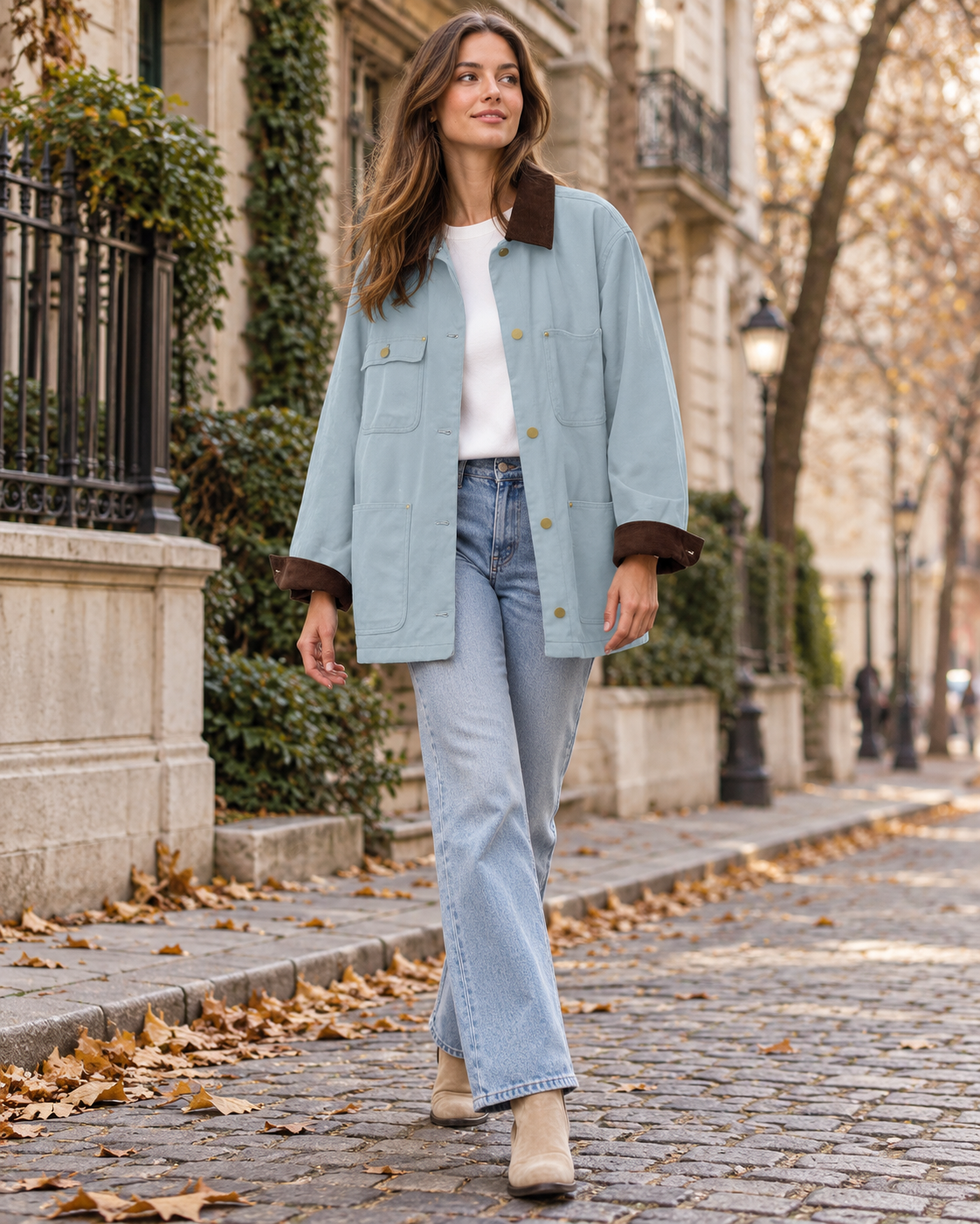 Lara Women's Oversized Cotton Utility Barn Jacket with Corduroy Collar and Patch Pockets