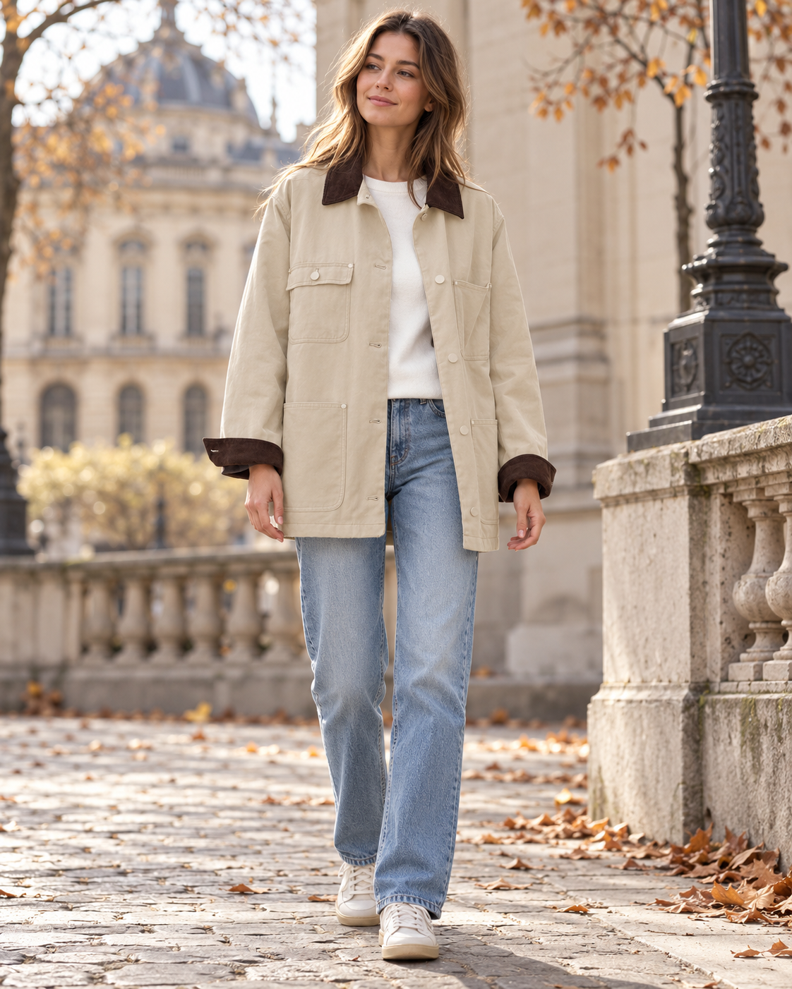 Lara Women's Oversized Cotton Utility Barn Jacket with Corduroy Collar and Patch Pockets