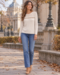 Elisha Women's Lace Patchwork Long Sleeve Ribbed Knit Crewneck Casual Blouse Top