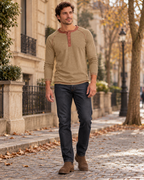 Denzel Men's Long Sleeve Henley T-Shirt with Four-Button Placket and Raglan Sleeves