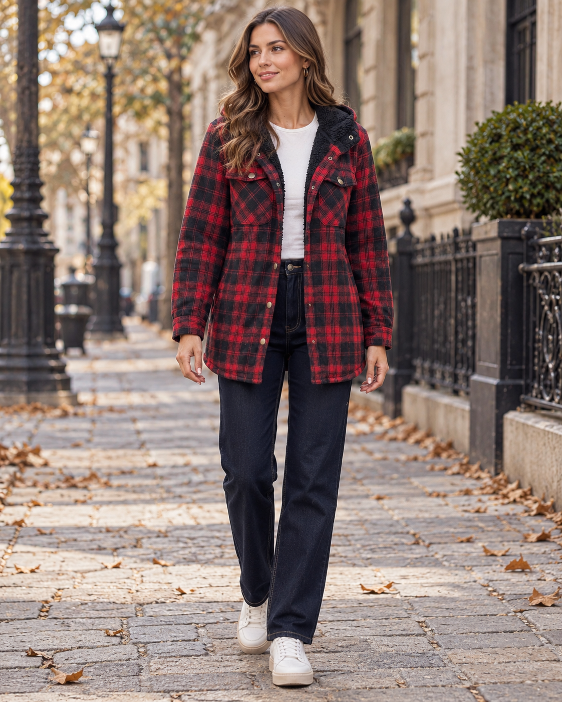 Danica Women's Plaid Fleece-Lined Hooded Winter Shacket with Button Front Closure