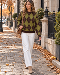 Hailey Women's Oversized Argyle Knit Pullover Sweater with Crew Neck and Long Sleeves