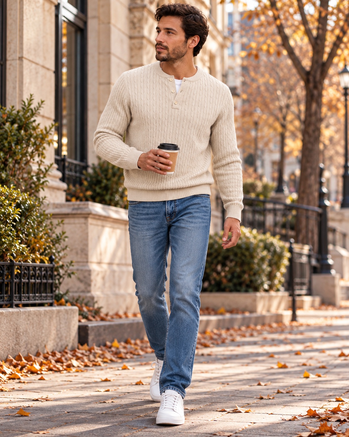 Carlo Men's Cable Knit Henley Long Sleeve Slim Fit Pullover Sweater for Casual Wear