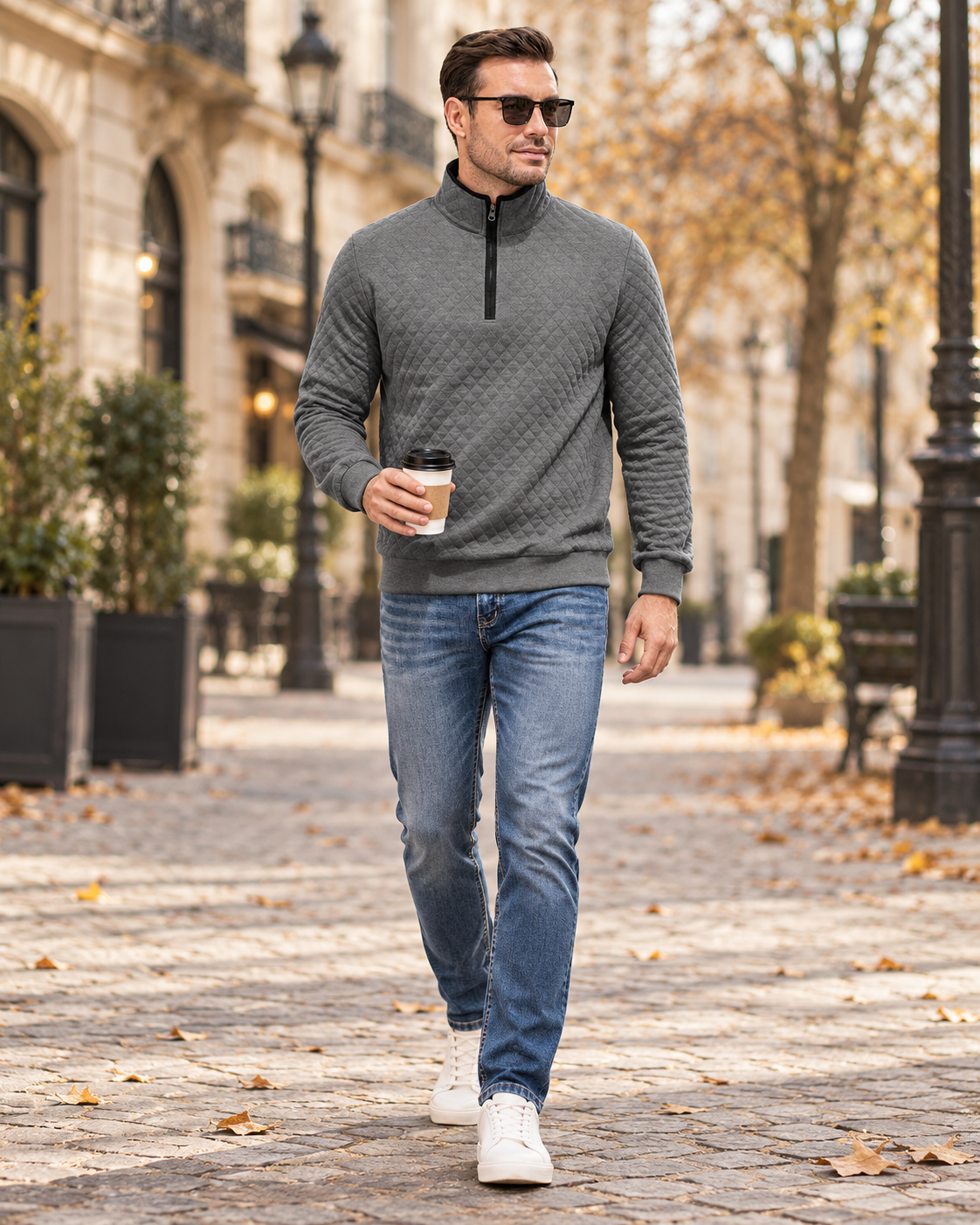 Cedrick Men's Quilted Quarter Zip Pullover Sweatshirt with Mock Neck for Casual Wear