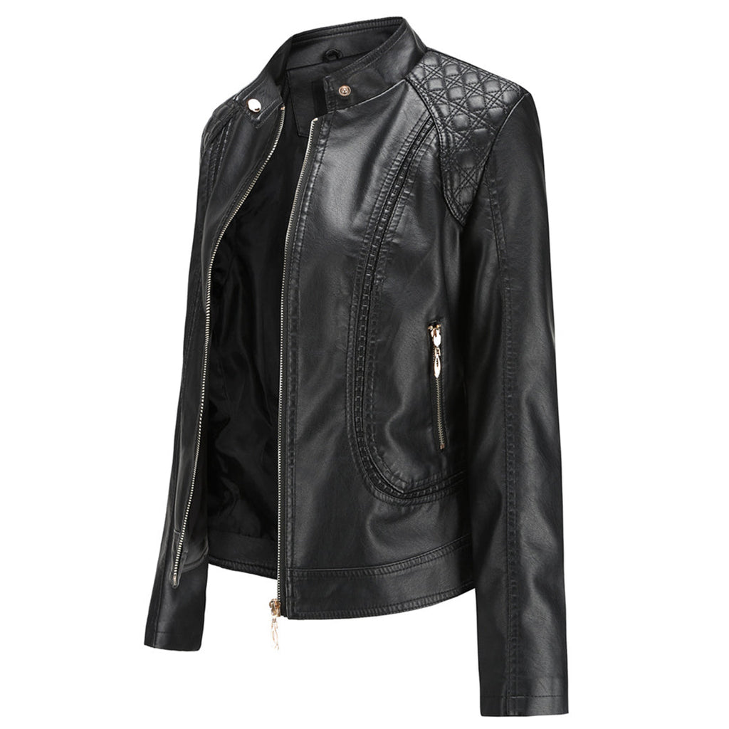Valerie Women's Leather Jacket – Genuine Leather Zip Up Stand Collar Biker Jacket