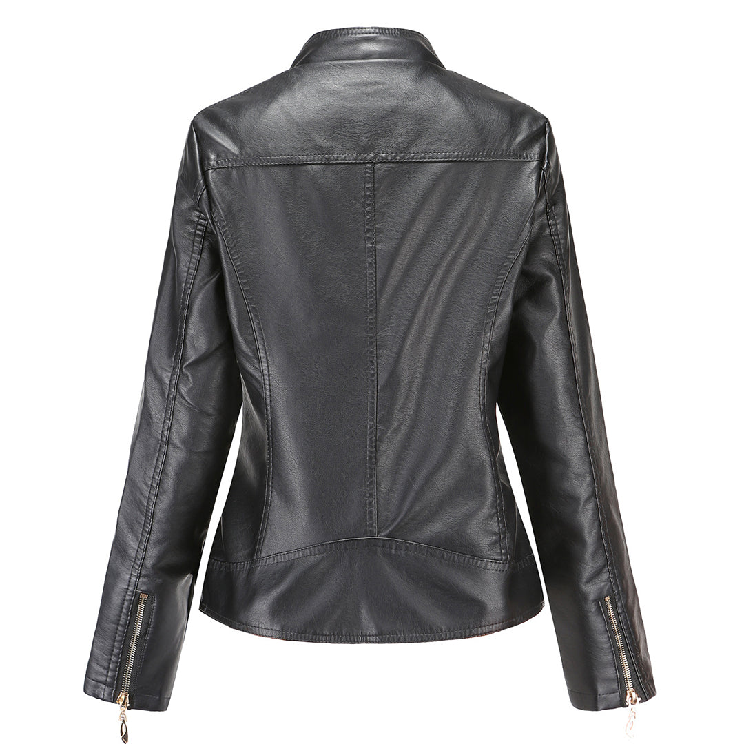 Valerie Women's Leather Jacket – Genuine Leather Zip Up Stand Collar Biker Jacket
