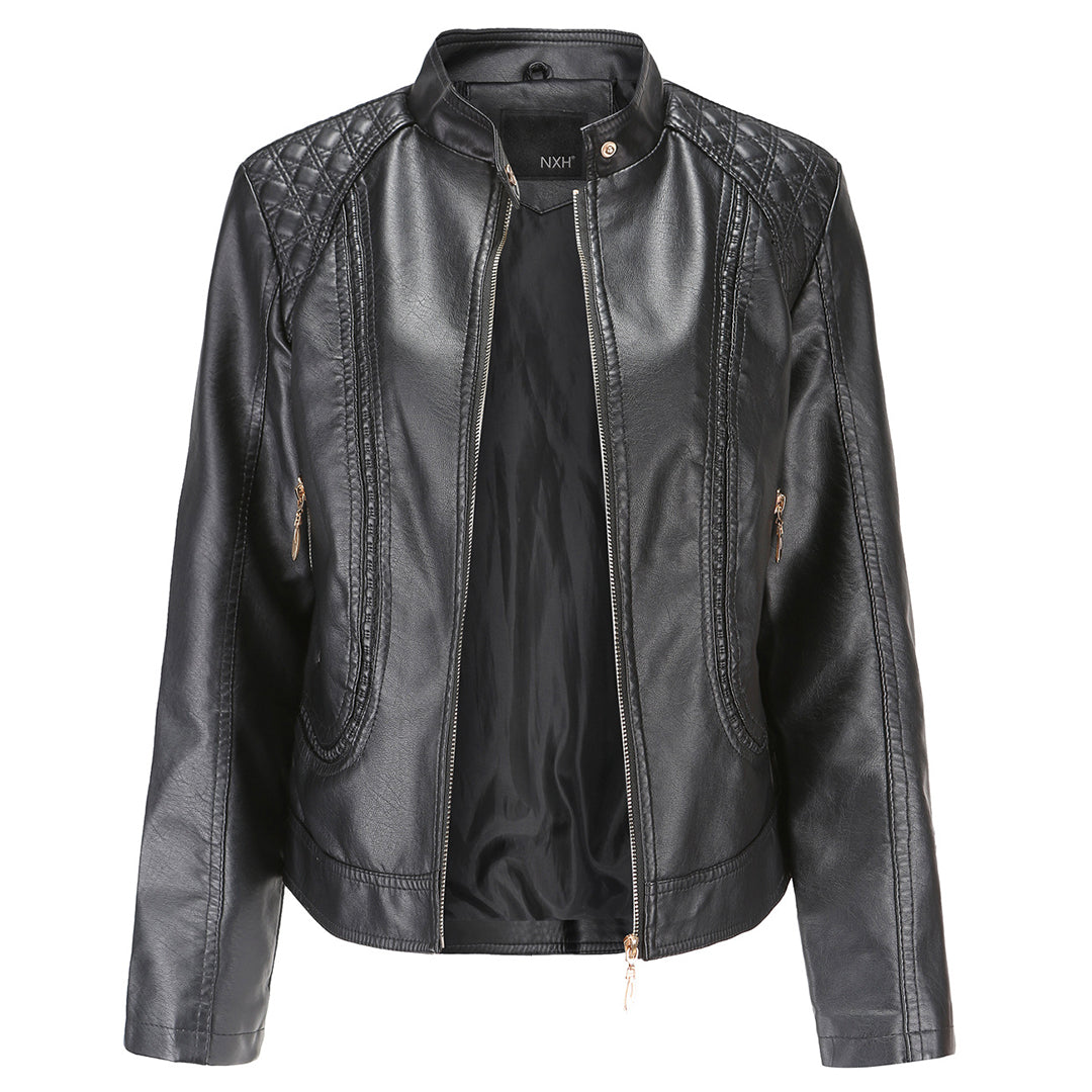 Valerie Women's Leather Jacket – Genuine Leather Zip Up Stand Collar Biker Jacket