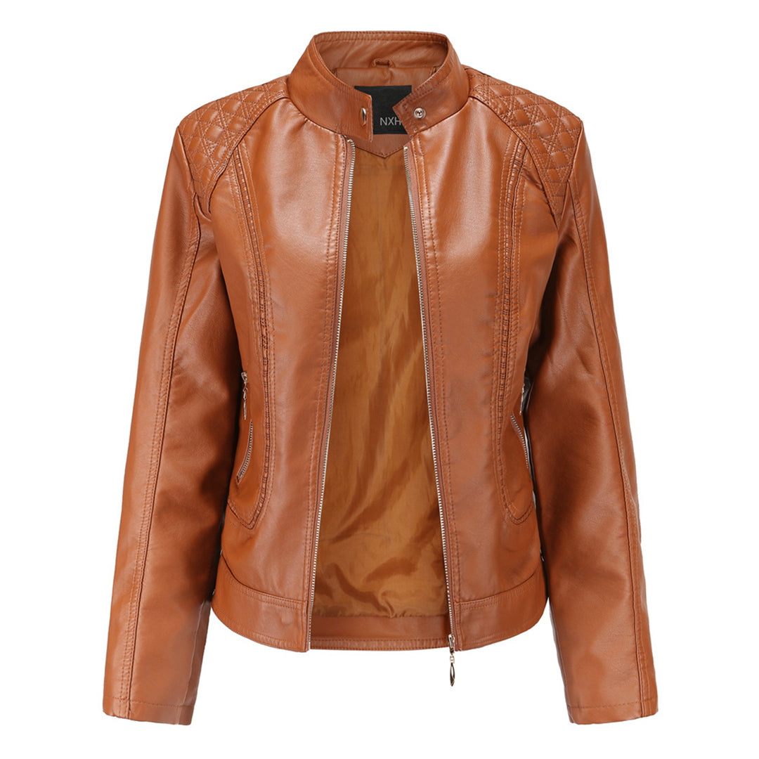 Valerie Women's Leather Jacket – Genuine Leather Zip Up Stand Collar Biker Jacket