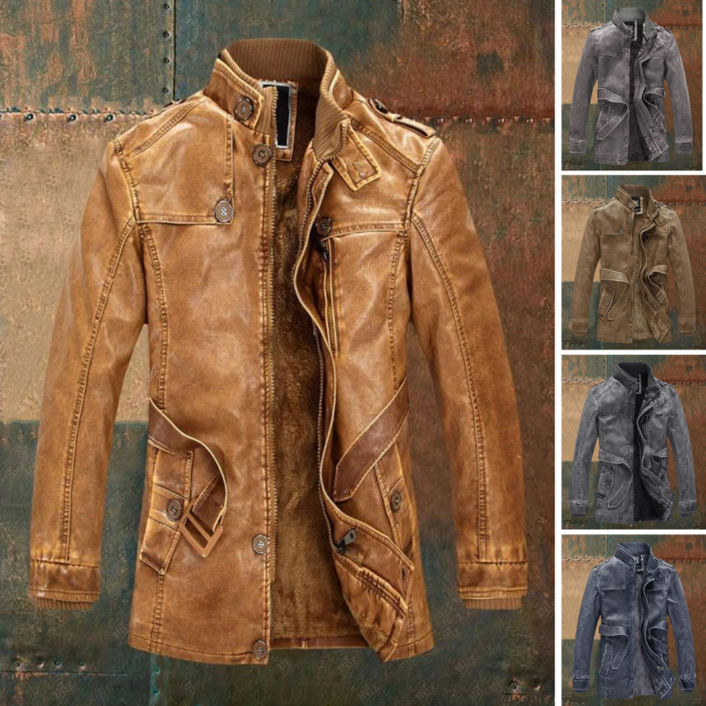 Marlowe Men's Vintage Leather Jacket – Button Detail, Zip Front & Warm Lining