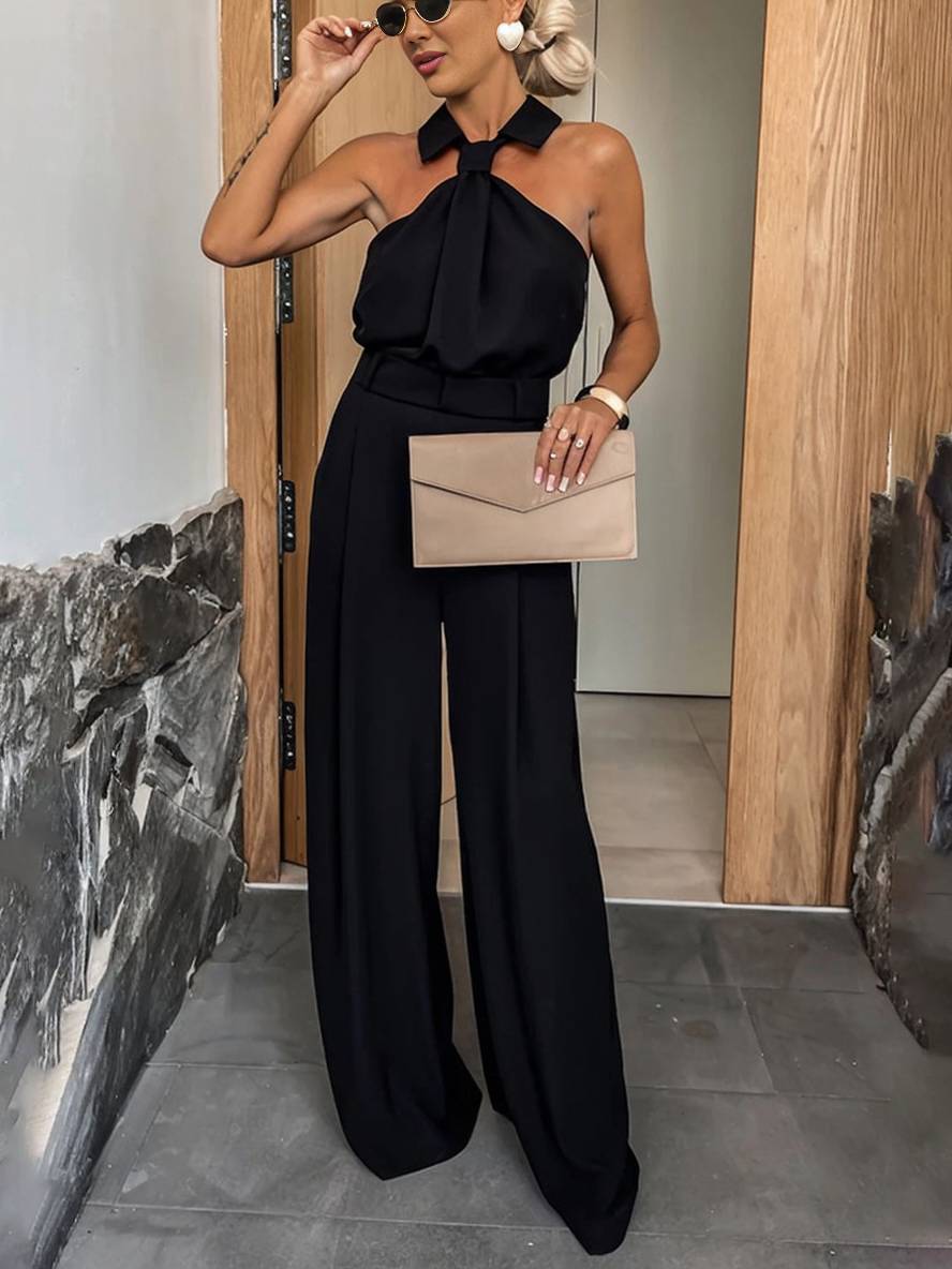 Blythe Women's Wide-Leg Jumpsuit – Sleeveless Shirt Collar, Cut-Outs & Pockets