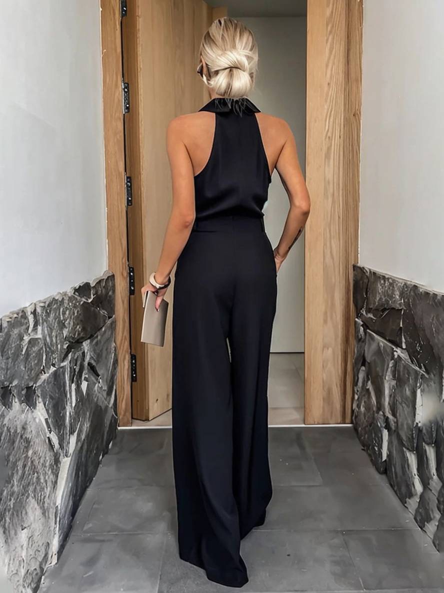 Blythe Women's Wide-Leg Jumpsuit – Sleeveless Shirt Collar, Cut-Outs & Pockets