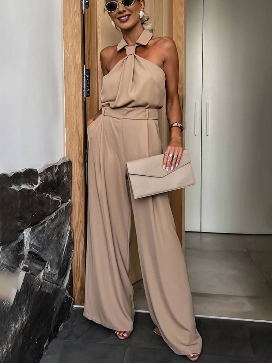 Blythe Women's Wide-Leg Jumpsuit – Sleeveless Shirt Collar, Cut-Outs & Pockets
