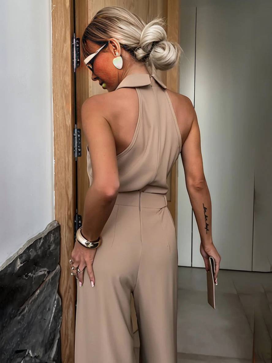 Blythe Women's Wide-Leg Jumpsuit – Sleeveless Shirt Collar, Cut-Outs & Pockets