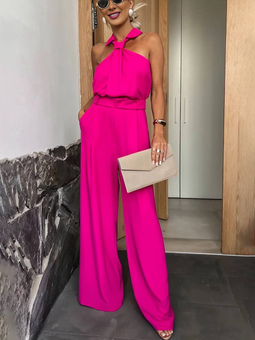 Blythe Women's Wide-Leg Jumpsuit – Sleeveless Shirt Collar, Cut-Outs & Pockets