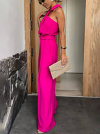 Blythe Women's Wide-Leg Jumpsuit – Sleeveless Shirt Collar, Cut-Outs & Pockets