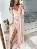 Valentina Women's Cut-Out Maxi Dress – V-Neck, Long Sleeves & Side Split