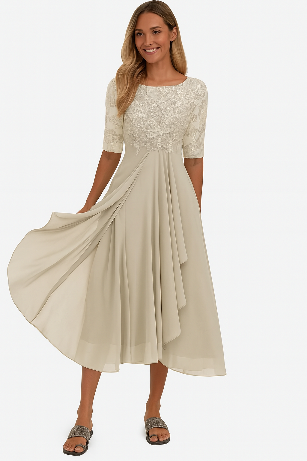 Evangeline Women's Lace Midi Dress – Chiffon A-Line Elegant Occasion Dress