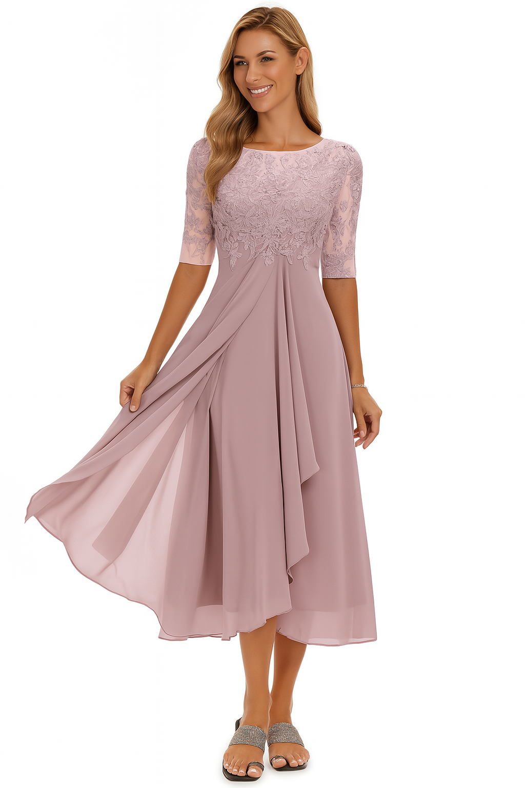 Evangeline Women's Lace Midi Dress – Chiffon A-Line Elegant Occasion Dress