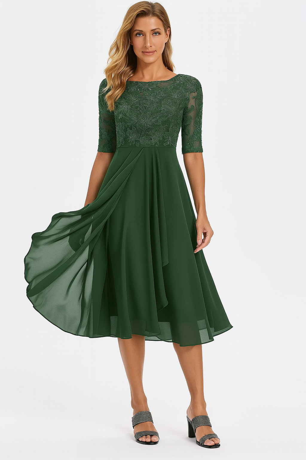 Evangeline Women's Lace Midi Dress – Chiffon A-Line Elegant Occasion Dress