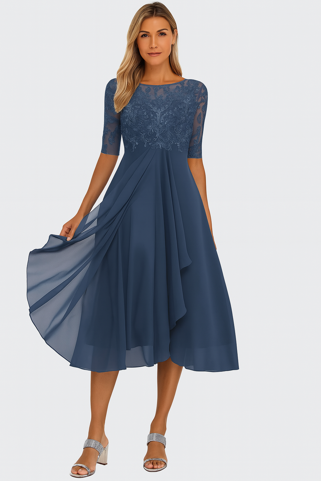 Evangeline Women's Lace Midi Dress – Chiffon A-Line Elegant Occasion Dress
