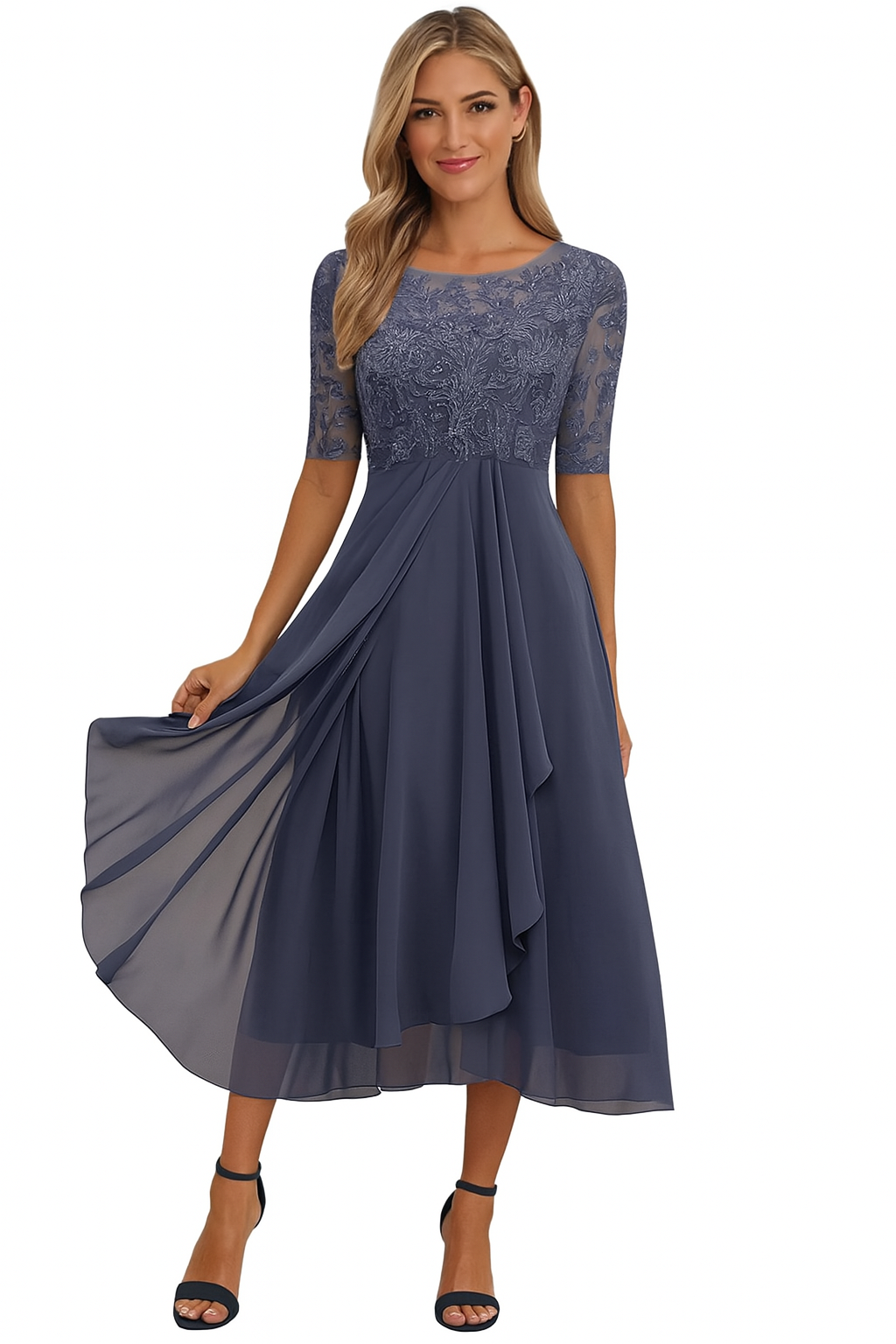 Evangeline Women's Lace Midi Dress – Chiffon A-Line Elegant Occasion Dress