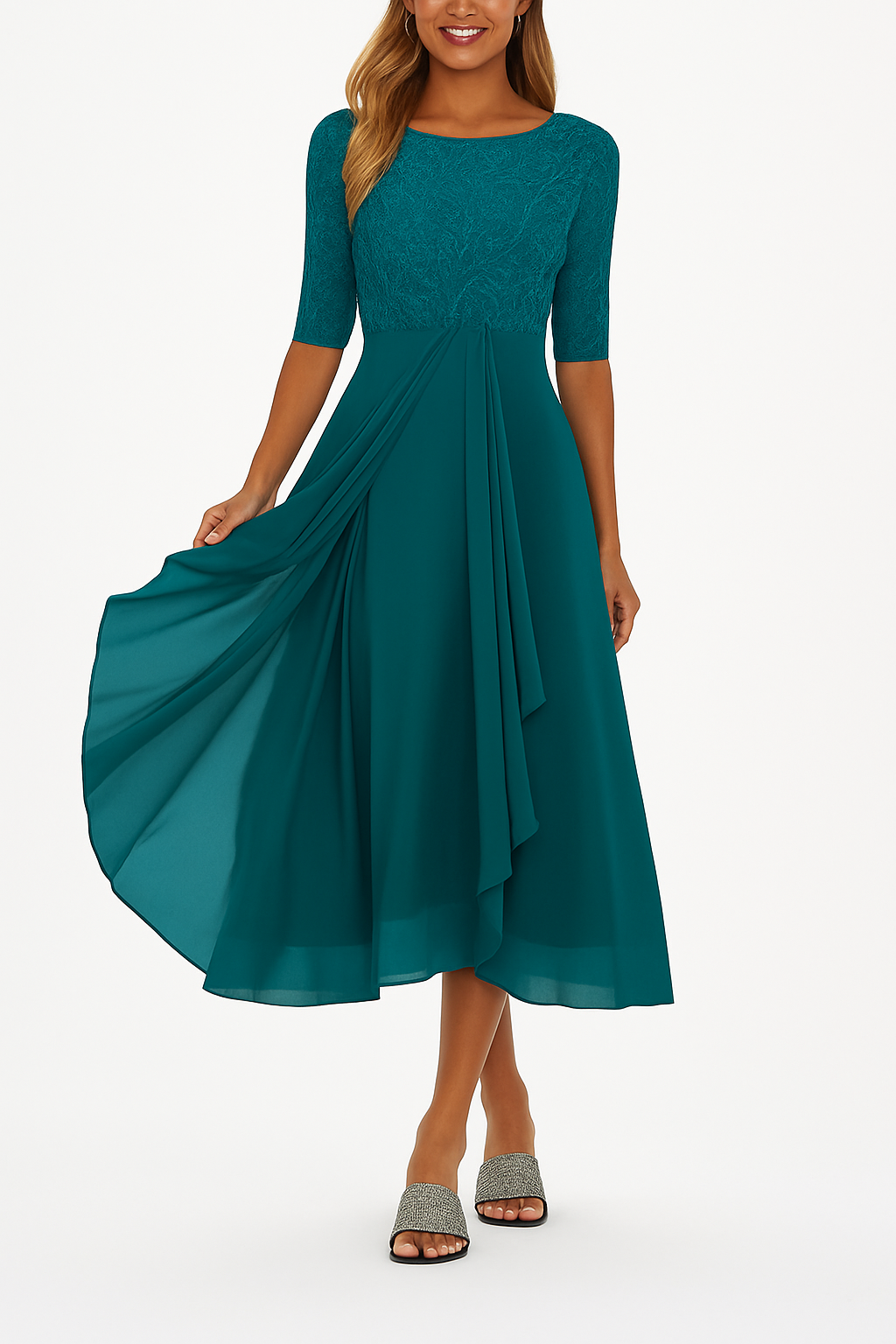 Evangeline Women's Lace Midi Dress – Chiffon A-Line Elegant Occasion Dress