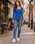 Wynona Women's Ribbed Square Neck Long Sleeve Slim Fit Stretch Top for Casual Wear