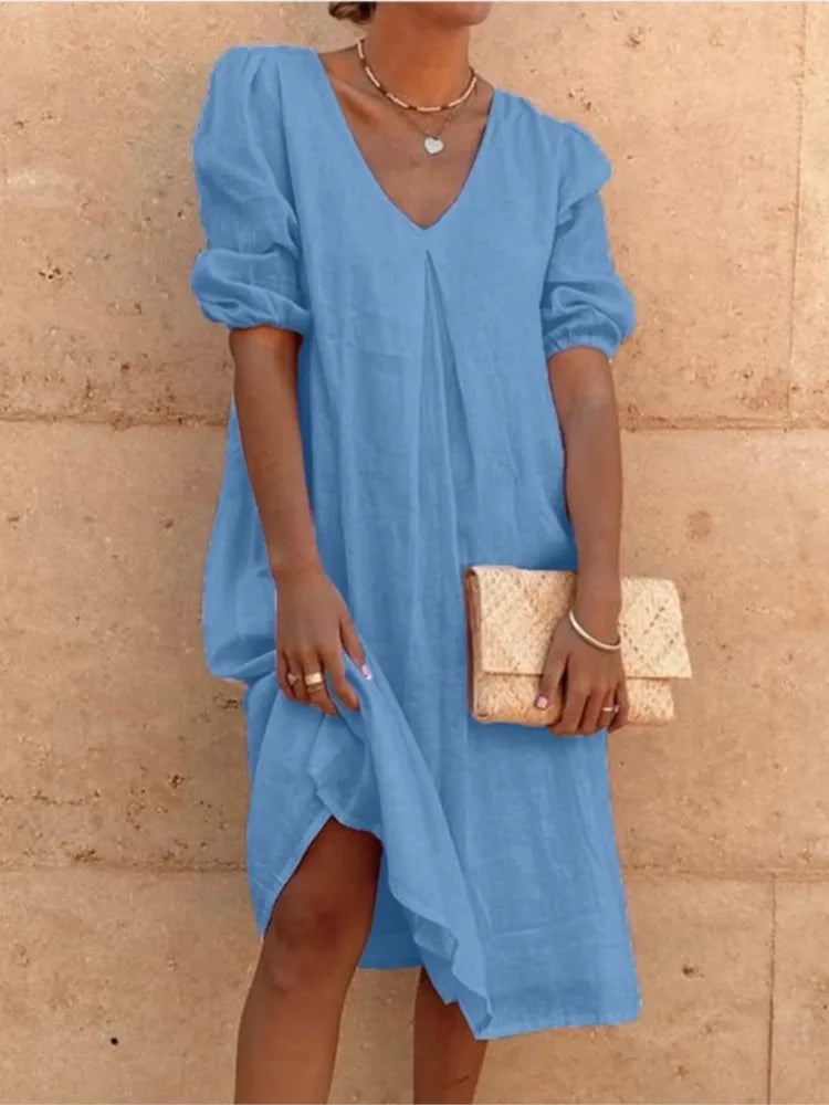Natalie Women's Midi Dress – Sleeveless V Neck Summer Casual Elegant Dress